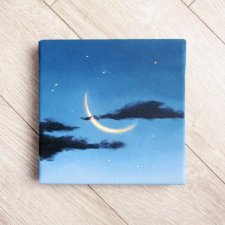 Obraz olej na płótnie, krajobraz nocny, księżyc, ręcznie malowany, dekoracja sypialni, niebieski