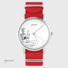 Zegarek - Japońskie żurawie - czerwony, nato