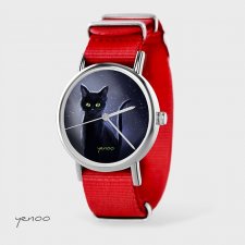 Zegarek - Czarny kot, noc - czerwony, nylonowy