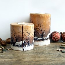 2 drewniane świeczniki z zimowym pejzażem