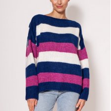 Oversize'owy sweter w paski - SWE299 kobalt/róż/ecru MKM