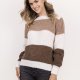 Sweter w szerokie, kontrastowe pasy - SWE290 ecru/brąz/mocca MKM