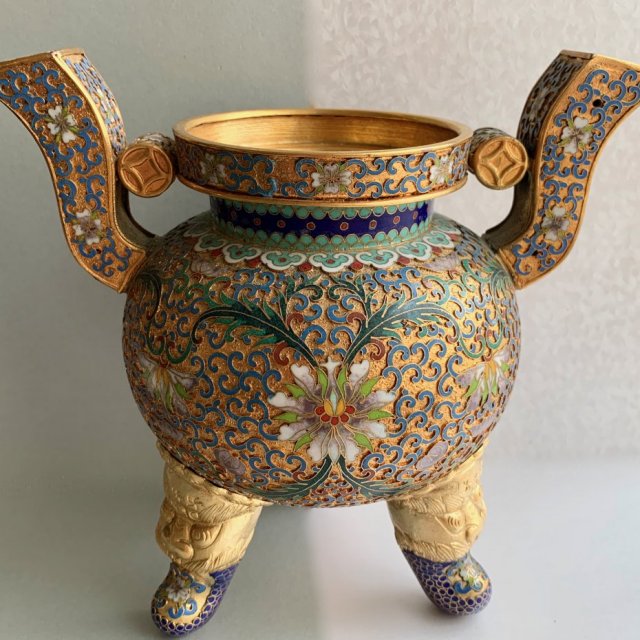 Vintage Chinese Cloisonne Incense Burner ❀ڿڰۣ❀ Złoto i emalia komórkowa