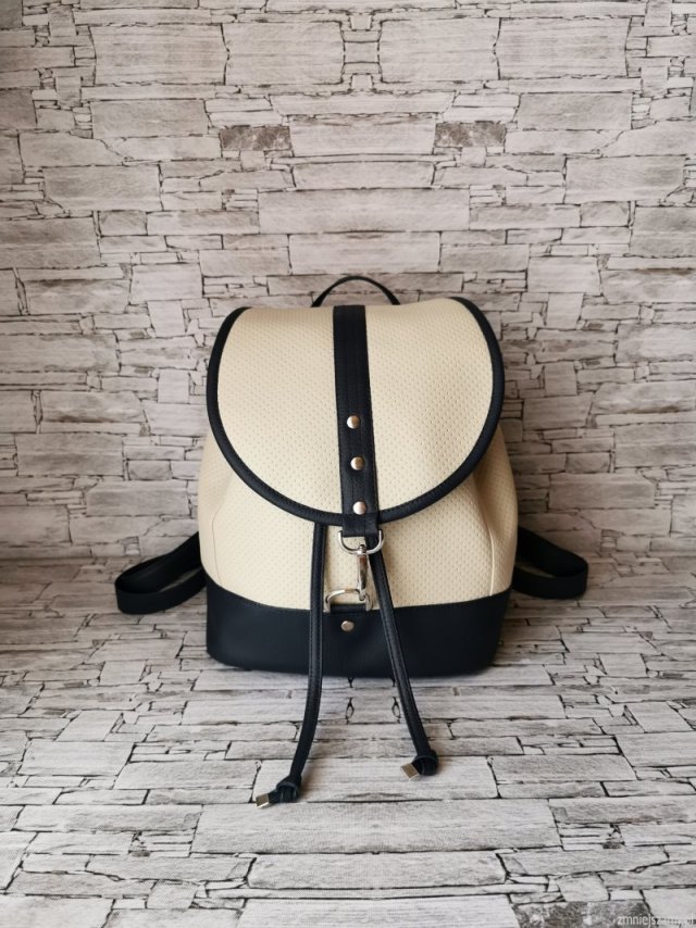 Plecak damski bucket bag beżowo - granatowy