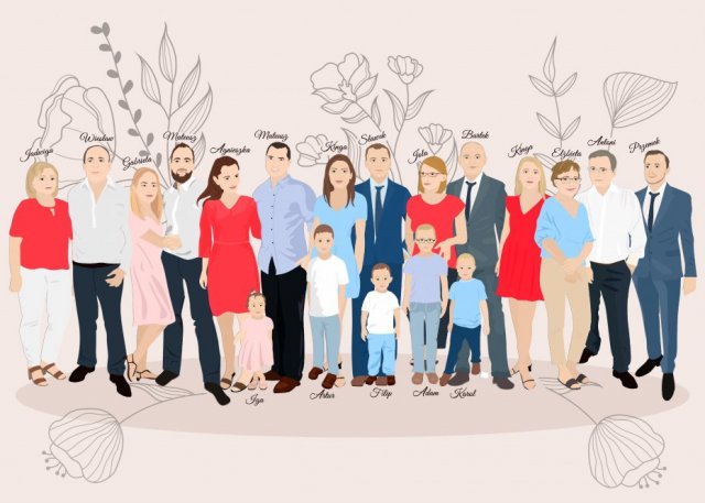 Ilustracja, portret rodzinny, duża rodzina