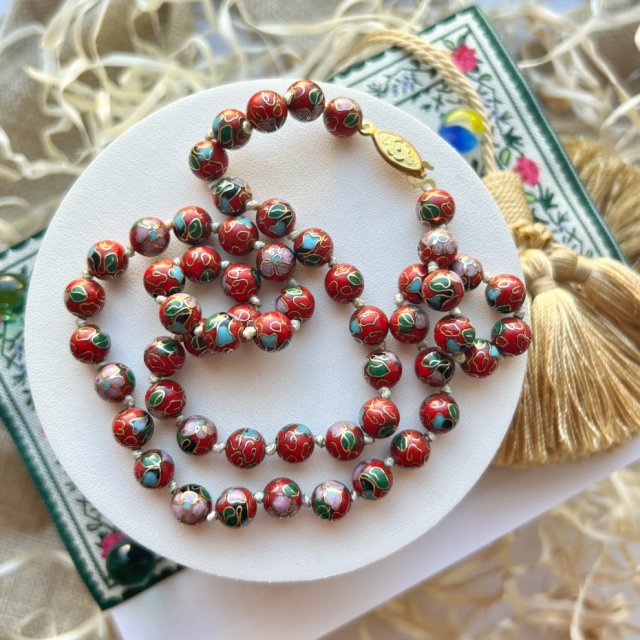 Vintage Chinese Cloisonne Enamel Beads Necklace ❀ڿڰۣ❀ Piękne ręcznie wykonane korale 55szt. - Biżuteria galeryjna, lata 40/60-te.