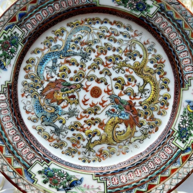 Antique Chinese Porcelain Plate Two Dragons ❤ Dawny wyrób