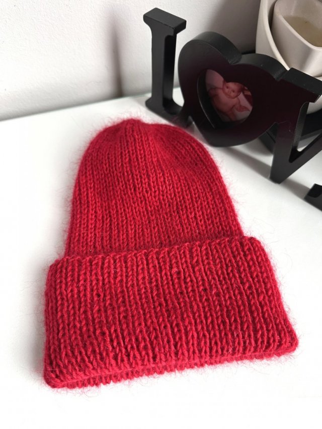 Ręcznie robiona czapka beanie AUREA 100% Baby Merino plus moher i jedwab 16/14 Czerwony