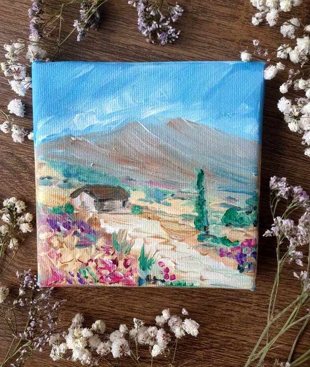Mini obraz ręcznie malowany "Pejzaż górski" pole lawendowe Francja