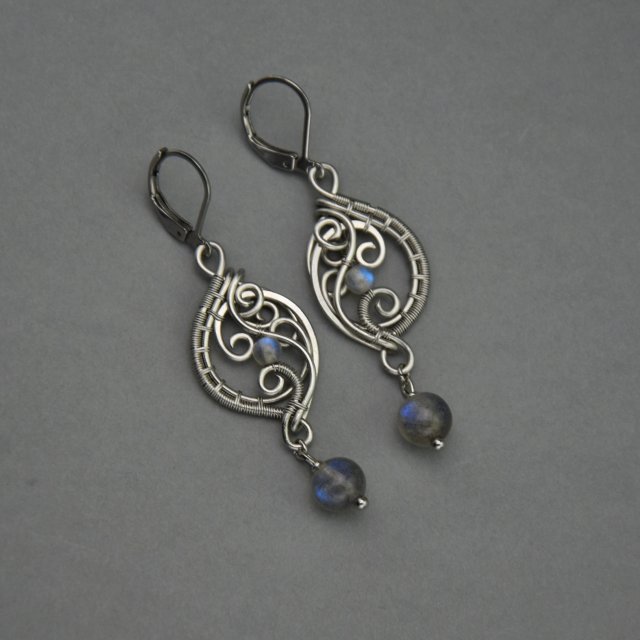 Kolczyki z labradorytami, labradoryt, stal chirurgiczna, wire wrapping