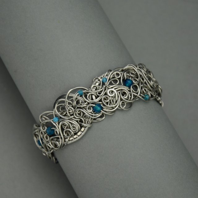 Bransoleta szeroka agat niebieski, wire wrapping, stal chirurgiczna, unikatowa bransoletka