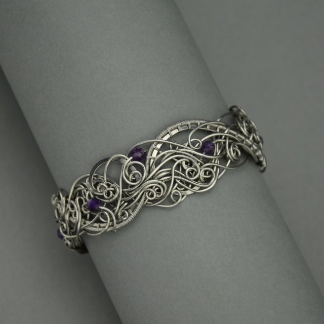 Bransoleta szeroka ametyst, wire wrapping, stal chirurgiczna, unikatowa bransoletka