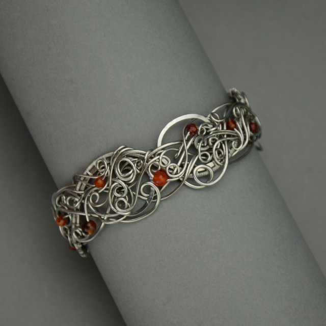 Bransoleta szeroka agat czerwony wire wrapping, stal chirurgiczna, unikatowa bransoletka