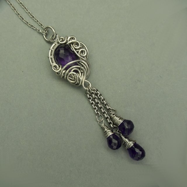 Długi wisiorek ametyst, stal chirurgiczna, wire wrapping