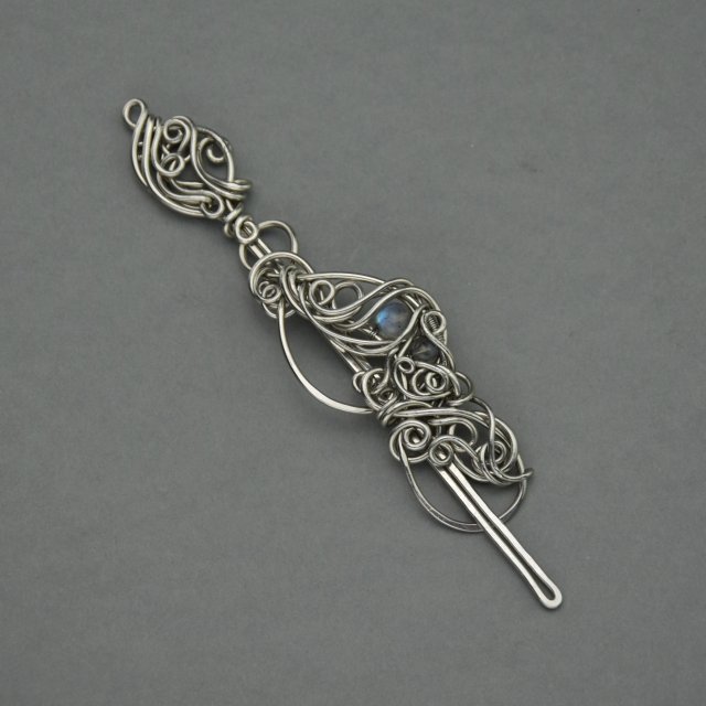 Spinka ze szpilką do włosów i do szala labradoryt, broszka, ozdobna, wire wrapping