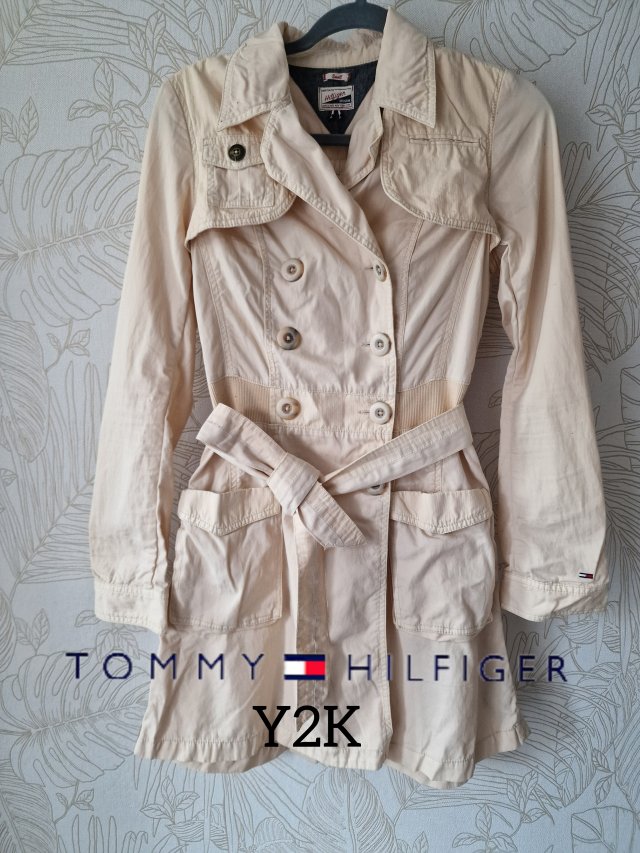 SZ Tommy Hilfiger beżowy płaszcz przejściowy denim trencz S 36 bawełna vintage y2k