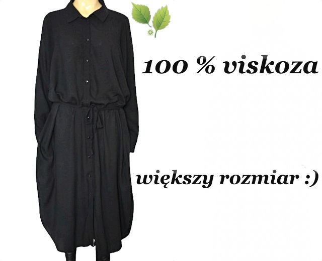 WYSZCZUPLAJĄCA CZARNA SUKIENKA MIDI 100 % WISKOZA Z PASKIEM XL XXL XXXL