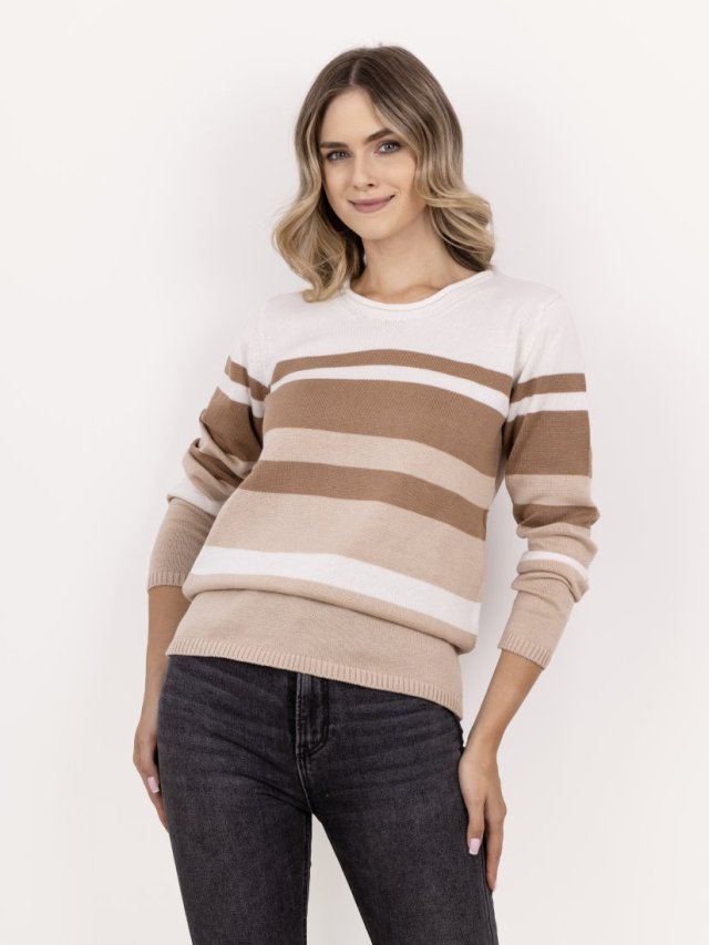 Sweter w paski z ciekawym dekoltem - SWE343 beż/ecru/mocca MKM