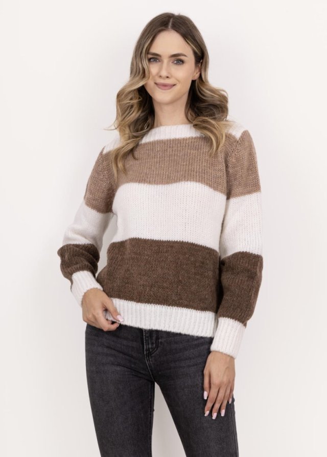 Sweter w szerokie, kontrastowe pasy - SWE290 ecru/brąz/mocca MKM