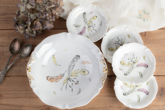 Porcelanowy komplet Limoges Vintage w piórka Boho Miski, salaterka porcelana