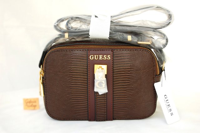 Guess, Ginevra camera bag, damska torebka na ramię, brąz, skóra węża