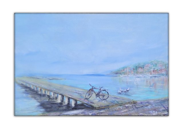 Obraz olejny 40x60 cm Jezioro Ochrydzkie rower