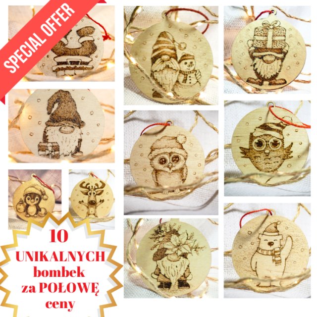 Drewniane wypalane ręcznie bombki handmade - zawieszki - zestaw 10 sztuk promocja