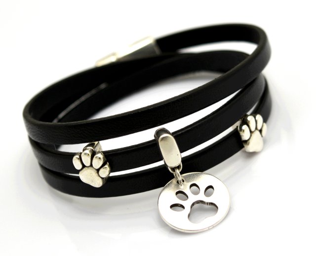 BRANSOLETKA SKÓRZANA MAGNETOOS TRIPLE ANIMALLO & PAW CHARMS CZARNA