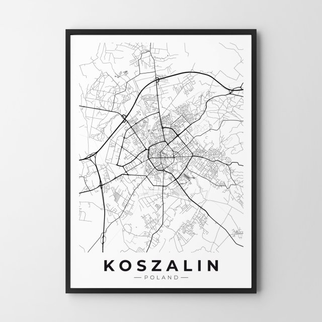 Mapa Koszalina  - plakat A4 - plakat Koszalin czarno-biały