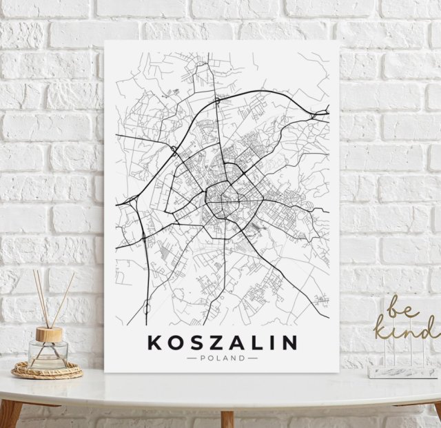 Mapa Koszalina  - plakat 40x50 cm - plakat Koszalin czarno-biały