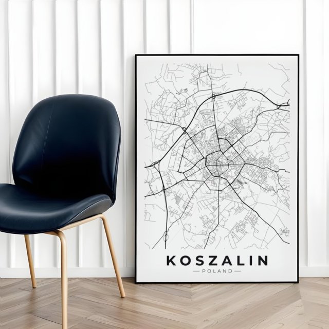 Mapa Koszalina  - plakat 50x70 cm - plakat Koszalin czarno-biały