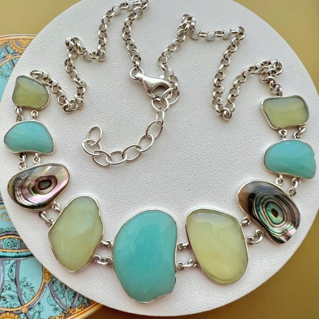 Vicenza Jewelry ❤ Smithsonite, Larimar, Mother of pearl and Sterling Silver ❤ Gruby masywny naszyjnik - Czar i elegancja z natury ❤