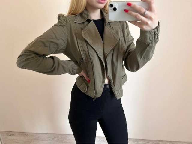 Gina Tricot M 38 kurtka khaki zielona w stylu ramoneski bawełniana