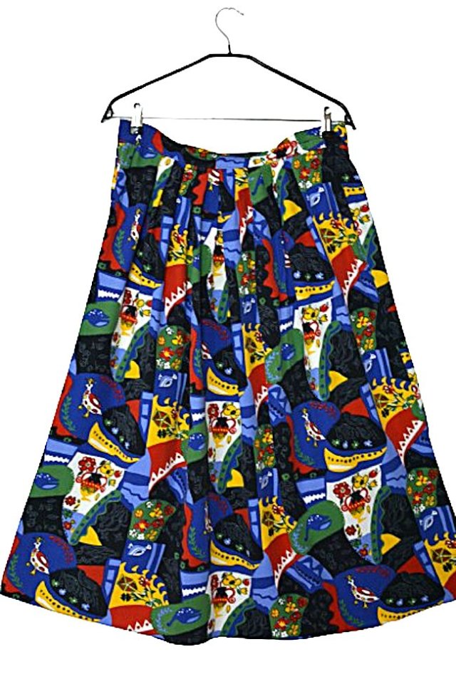 WZORZYSTA SPÓDNICA MIDI VINTAGE HANDMADE 100 % WISKOZA KOGUTY KWIATY L XL