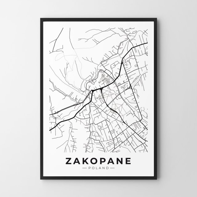 Mapa Zakopane  - A4  - plakat Zakopane czarno-biały