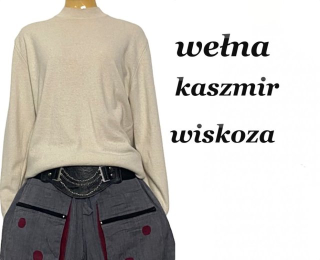 SWETEREK ECRU Z DOMIESZKĄ KASZMIRU I WEŁNY L XL