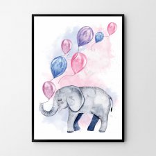 Plakat słonik balony różowy 50x70 b2
