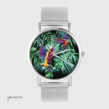 Zegarek, bransoleta - Papuga, tropikalny - metalowy mesh
