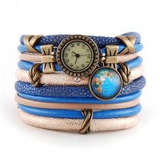 Zegarek bransoletka, niebieski, owijany, z globusem