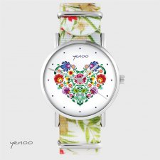 Zegarek - Serce folkowe - kwiaty, nato, biały