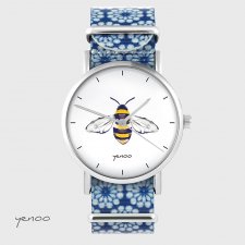 Zegarek - Pszczoła - niebieski, kwiaty, nato