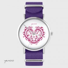 Zegarek - Serce ornamentowe - fioletowy, nylonowy