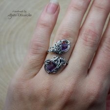 Pierścionek regulowany ametyst, wire wrapping, stal chirurgiczna