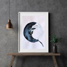 Akwarela oryginalna A4 "Gray Luna", przytulny obraz, księżyc, szary, gałązka, liście, listek, farbami, minimalistyczny styl, skandynawski