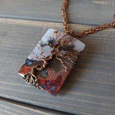 Wire wrapping Biżuteria miedziana Unikalny wisior. Zawieszka z rzadkim kamieniem kosmetycznym. Wykonany ręcznie