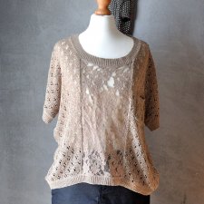 Brązowy ażurowy sweter z koronką oversize S/M