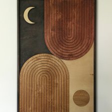 Drewniana dekoracja mid-century. "Dzień i noc". Obraz midcentury, boho.