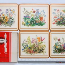Pimpernel, Portmeirion UK, drewniane podkładki na stół, kwiaty, botaniczne, 5 szt., vintage