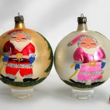 Stara bombka szklana, ręcznie malowana, Święty Mikołaj, 8 cm, 2 szt., vintage