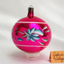 Stara bombka szklana, różowa, ręcznie malowana, 8 cm, vintage